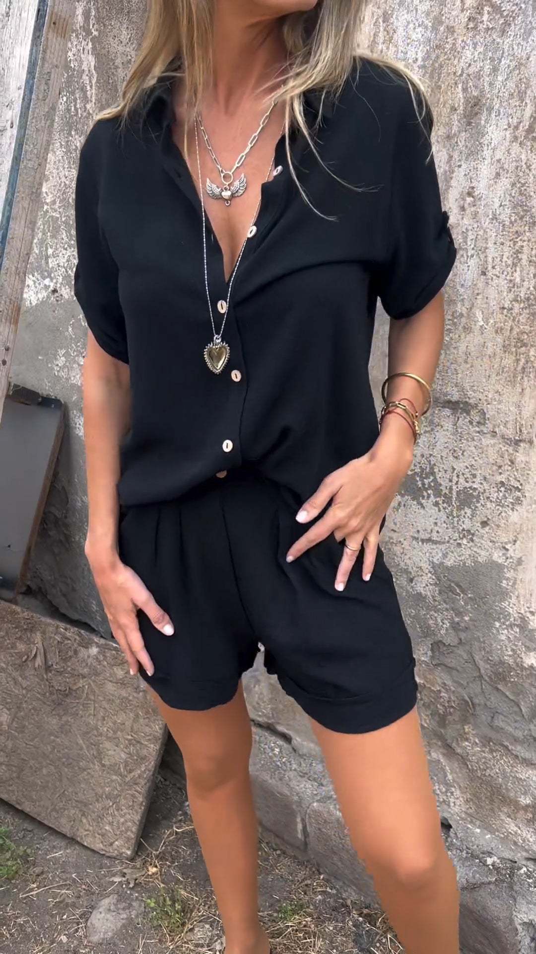 Ensemble chemise à revers en coton et lin à manches mi-longues (Achetez-en 2, livraison gratuite)