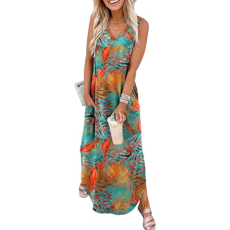 Sommerkleider Maxikleid Urlaub Strandkleider mit Taschen