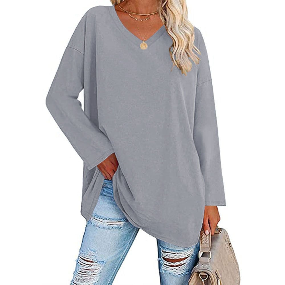 Locker geschnittenes Damen-Langarm-Modetop mit V-Ausschnitt (3 kaufen, kostenloser Versand)