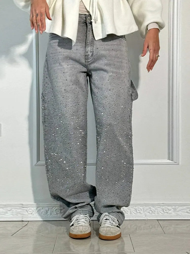 Legere Damen Harem Jeans mit Strasssteinen