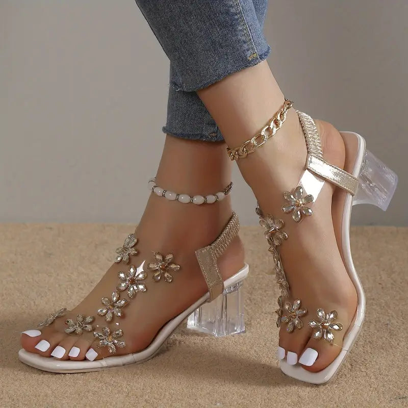 Damen-Sandalen mit Blumen-Strass und Blockabsatz