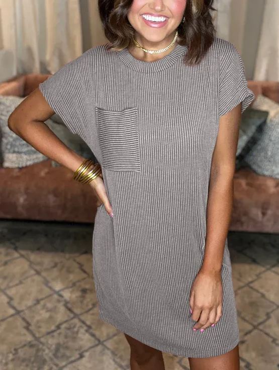 New Ribbed Round Neck Pocket Dress (Buy 2 Free Shipping)