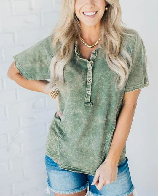 Gewaschenes Damen-T-Shirt mit Knopfleiste (2 kaufen, Versand gratis)