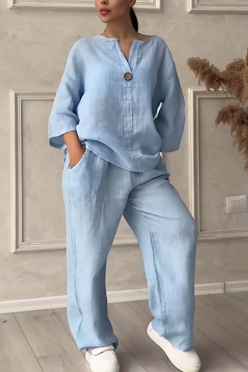 Ensemble deux pièces décontracté en coton et lin décoré de boutons pour femme