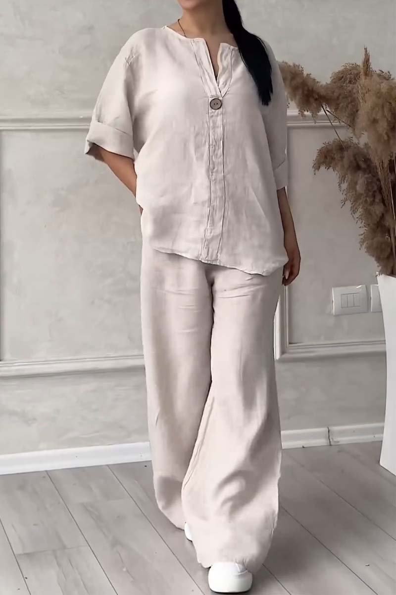 Ensemble deux pièces décontracté en coton et lin décoré de boutons pour femme
