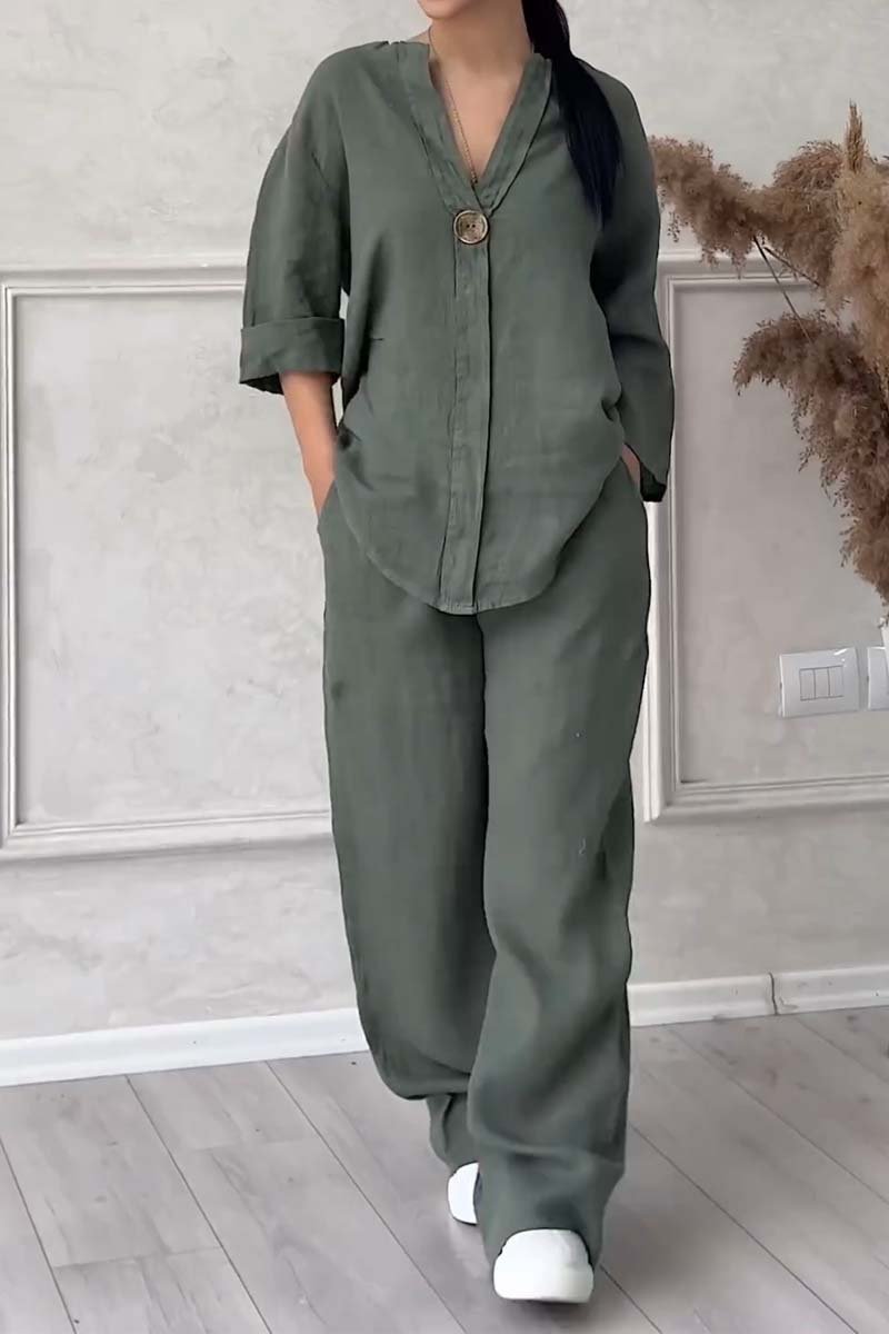 Ensemble deux pièces décontracté en coton et lin décoré de boutons pour femme