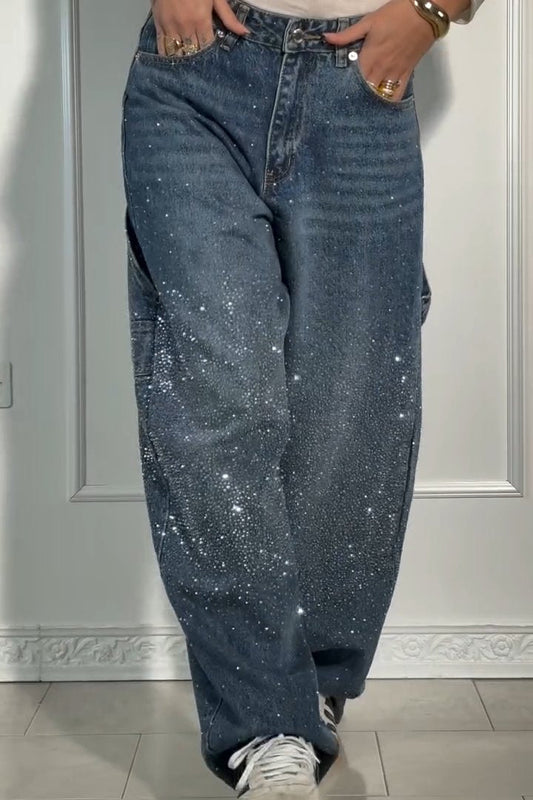 Legere Damen Harem Jeans mit Strasssteinen