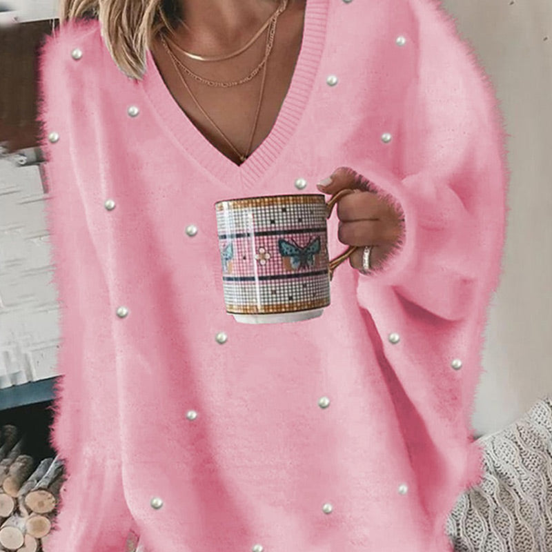 🔥Hot Sale Offers-V-Neck Long Sleeve Beaded Decor Oversized Sweater Fluffy Pullover Top