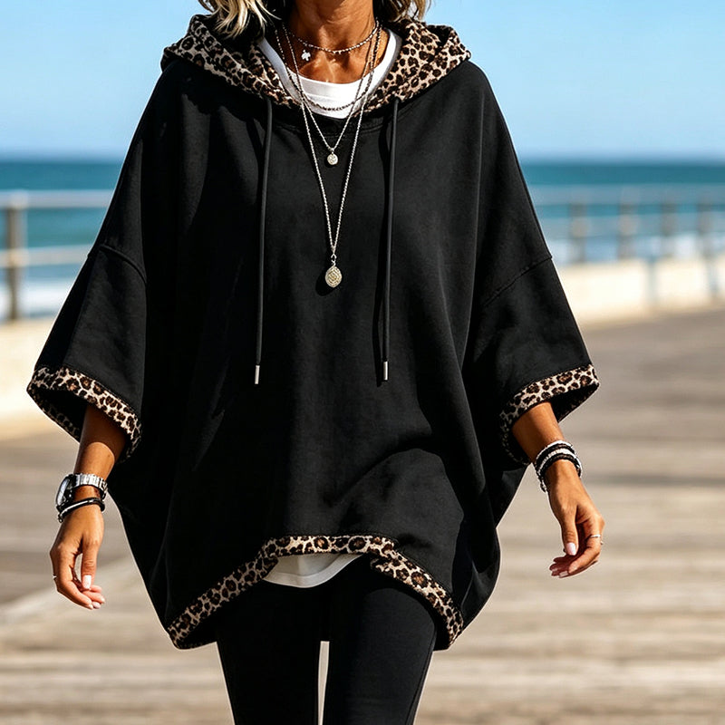 Damen-Hoodie mit Leopardenbesatz – Lässig geschnittenes Sweatshirt mit Kordelzug