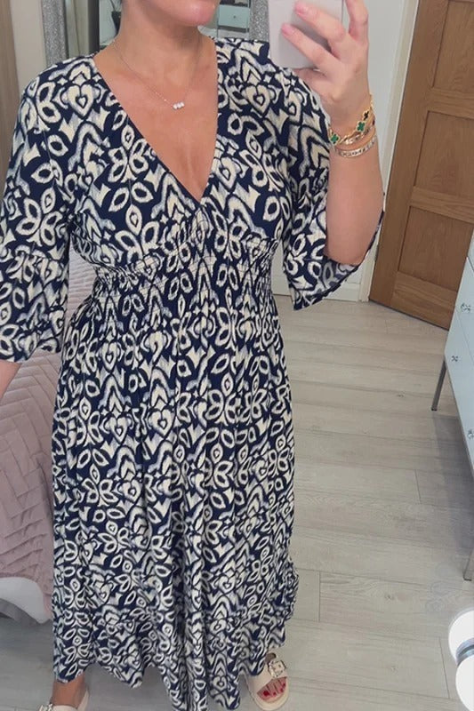 Neues lässiges Boho-Maxikleid mit Print und V-Ausschnitt (2 kaufen, Versand gratis)